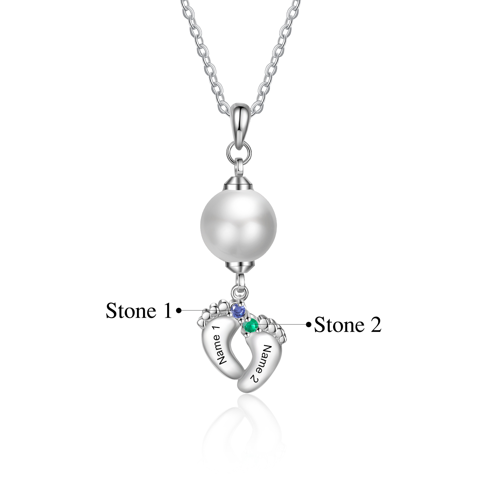 Personalised Baby Feet Pearl Necklace Custom 2 Names & Birthstones Mother Necklace