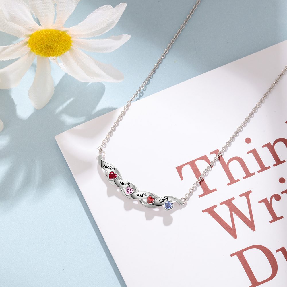 Mother's Day Gifts Customized Spiral Cascading Pendant Necklace with 4 Birthstones Engraving 4 Names