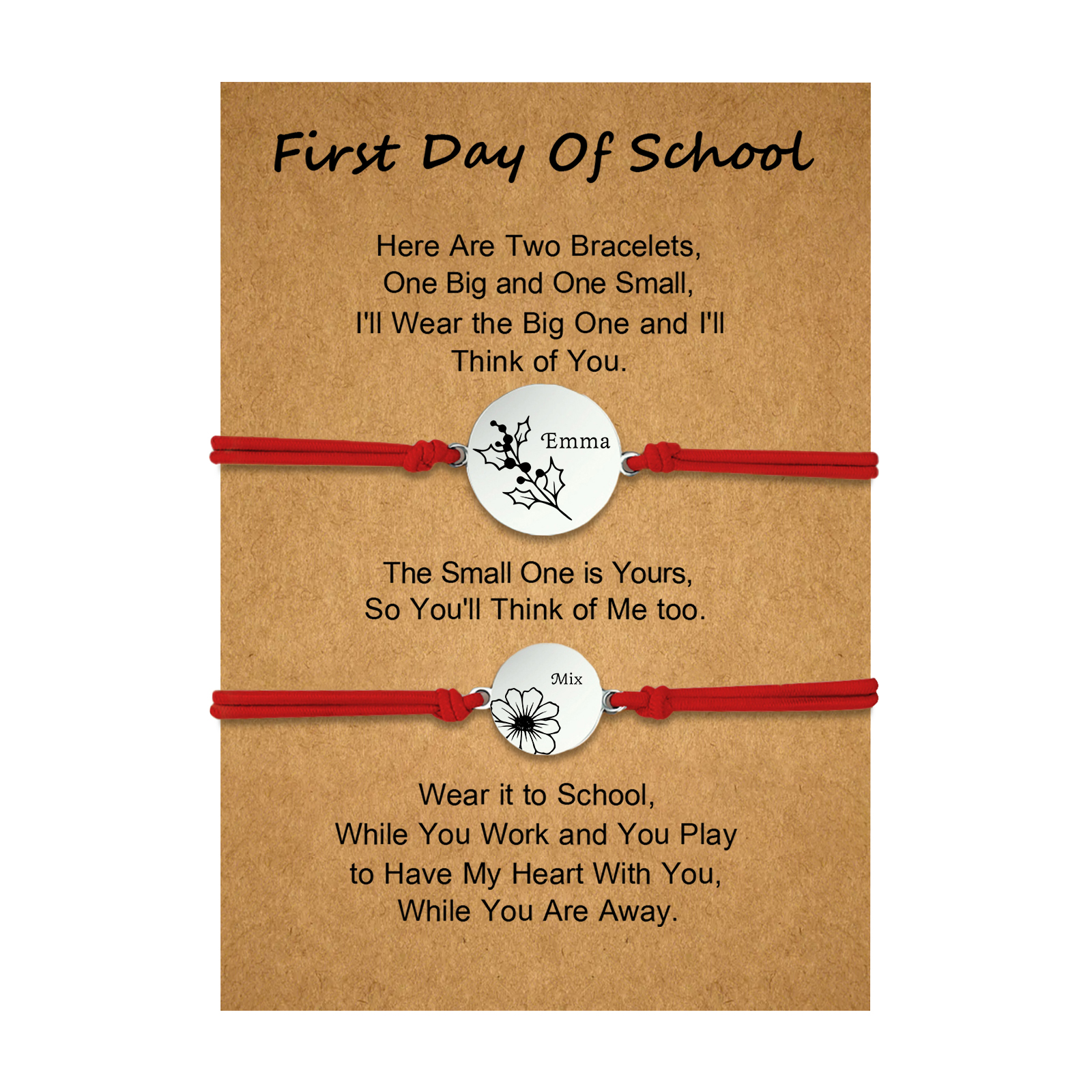 2 PCS Personalized 2 Birthflowers & 2 Names Elastic Stainless Steel Bracelet First Day of School Gift for Daughter