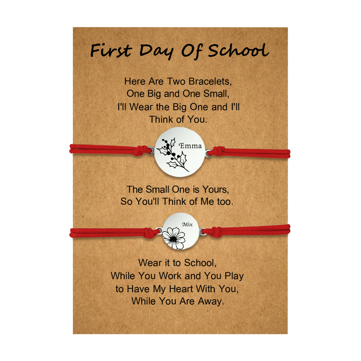 2 PCS Personalized 2 Birthflowers & 2 Names Elastic Stainless Steel Bracelet First Day of School Gift for Daughter