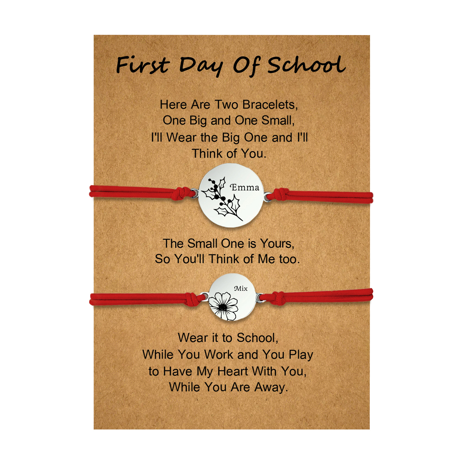 2 PCS Personalized 2 Birthflowers & 2 Names Elastic Stainless Steel Bracelet First Day of School Gift for Daughter