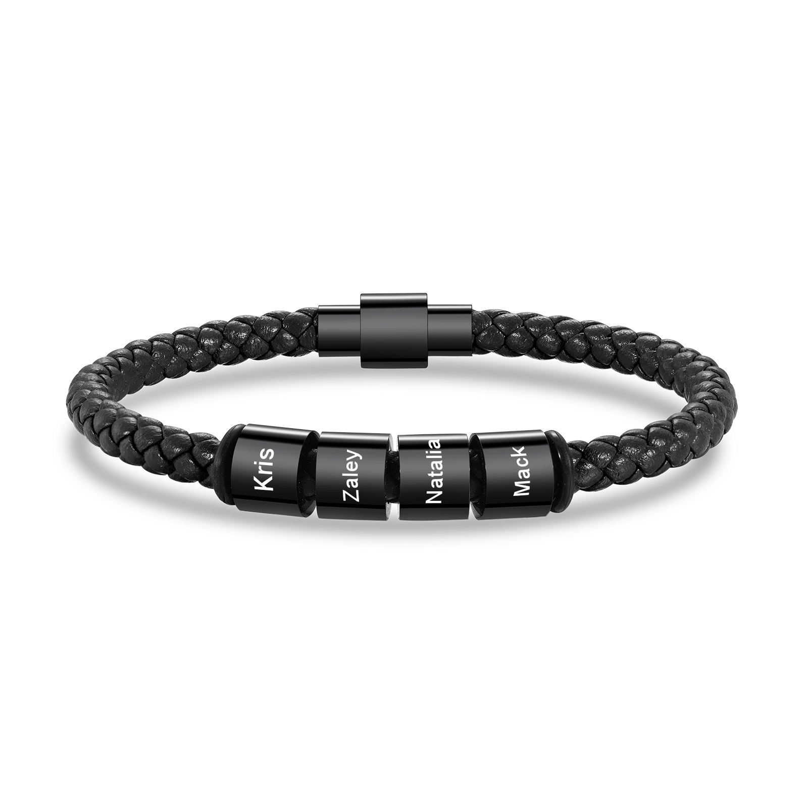 Custom Engraved 4 Names Beads Magnetic Buckle Leather Braided Personalised Mens Bracelet - Gift for Husband Boyfriend