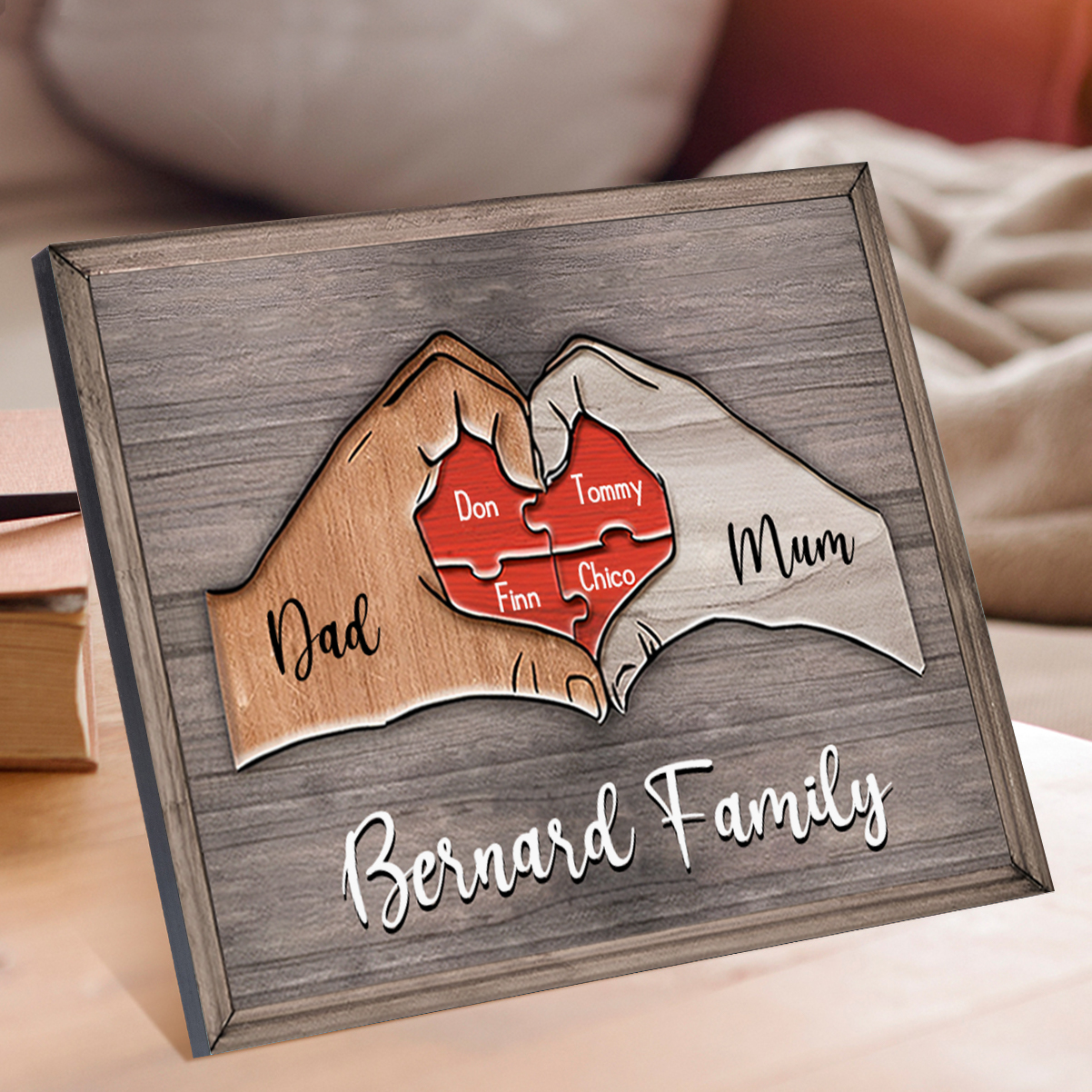 4 Names - Personalised Love Heart Customized Name and Text Wooden Ornament Father's Day Gift for Dad