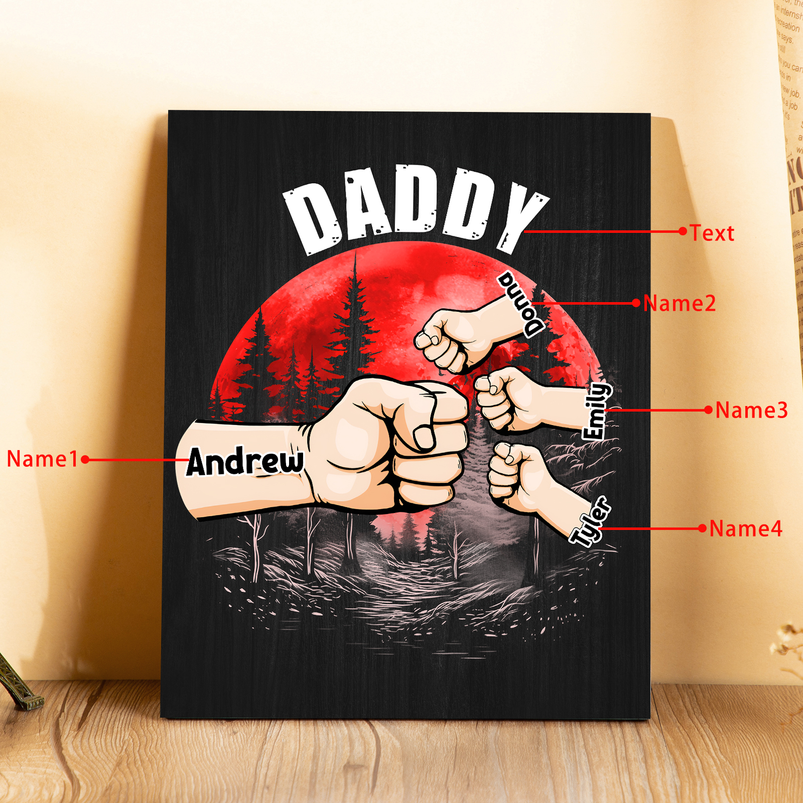4 Names - Personalised Wooden Ornament Fist Bump Red Forest Style Engraved Name and Text Ornament for Dad