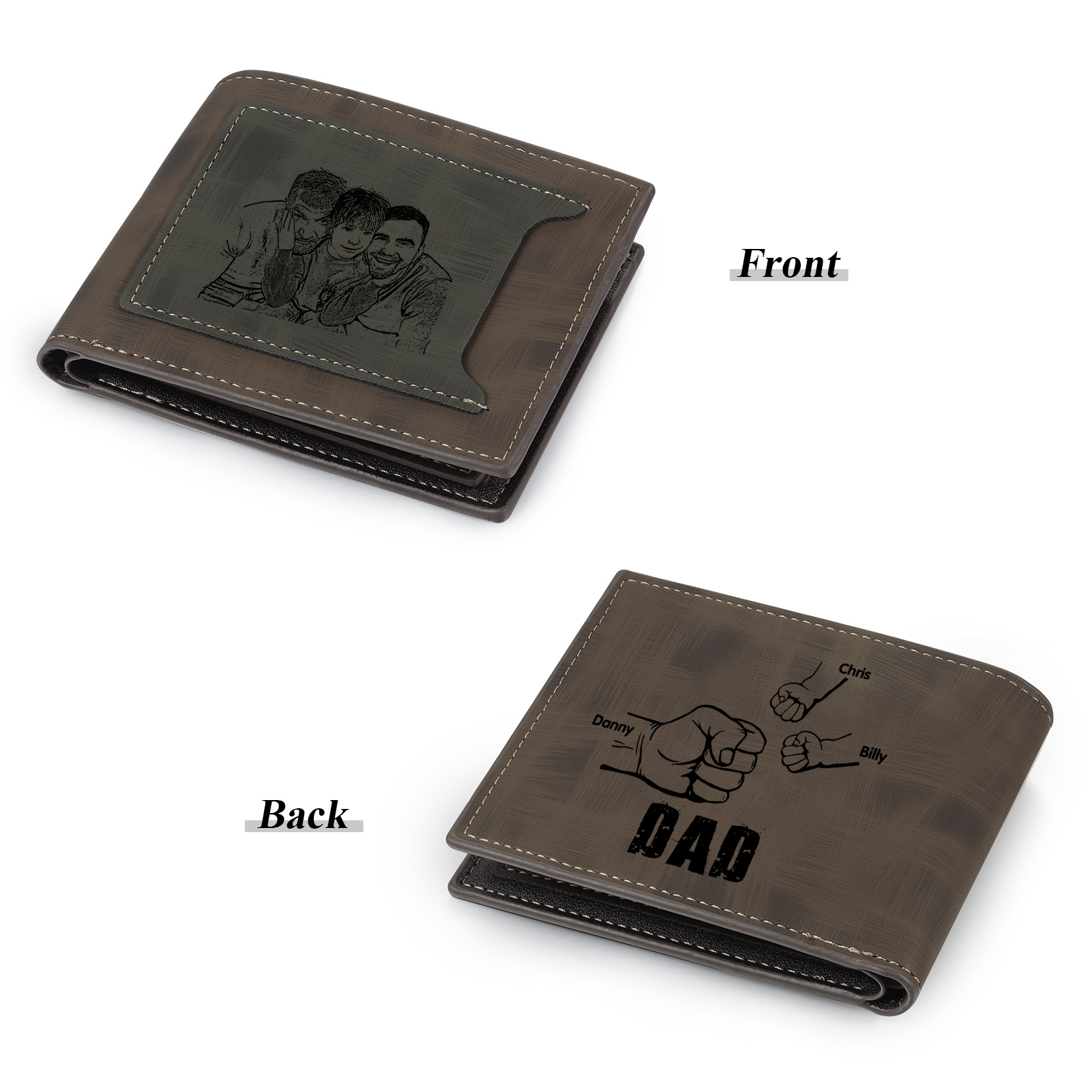 3 Names - Personalised Photo Custom Leather Men's Wallet as a Father's Day Gift for Dad