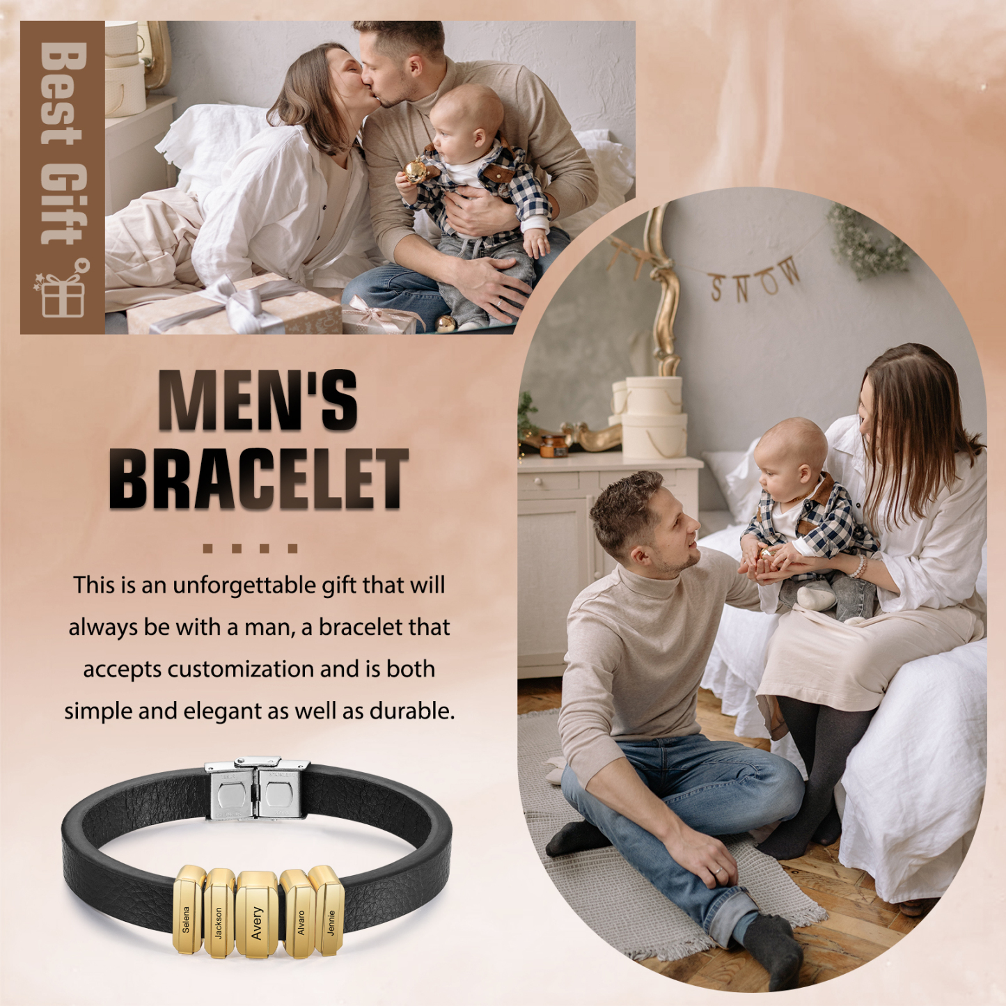 5 Names Personalised Stainless Steel Leather Bracelet Engraved Name Men's Bracelet Gift for Dad