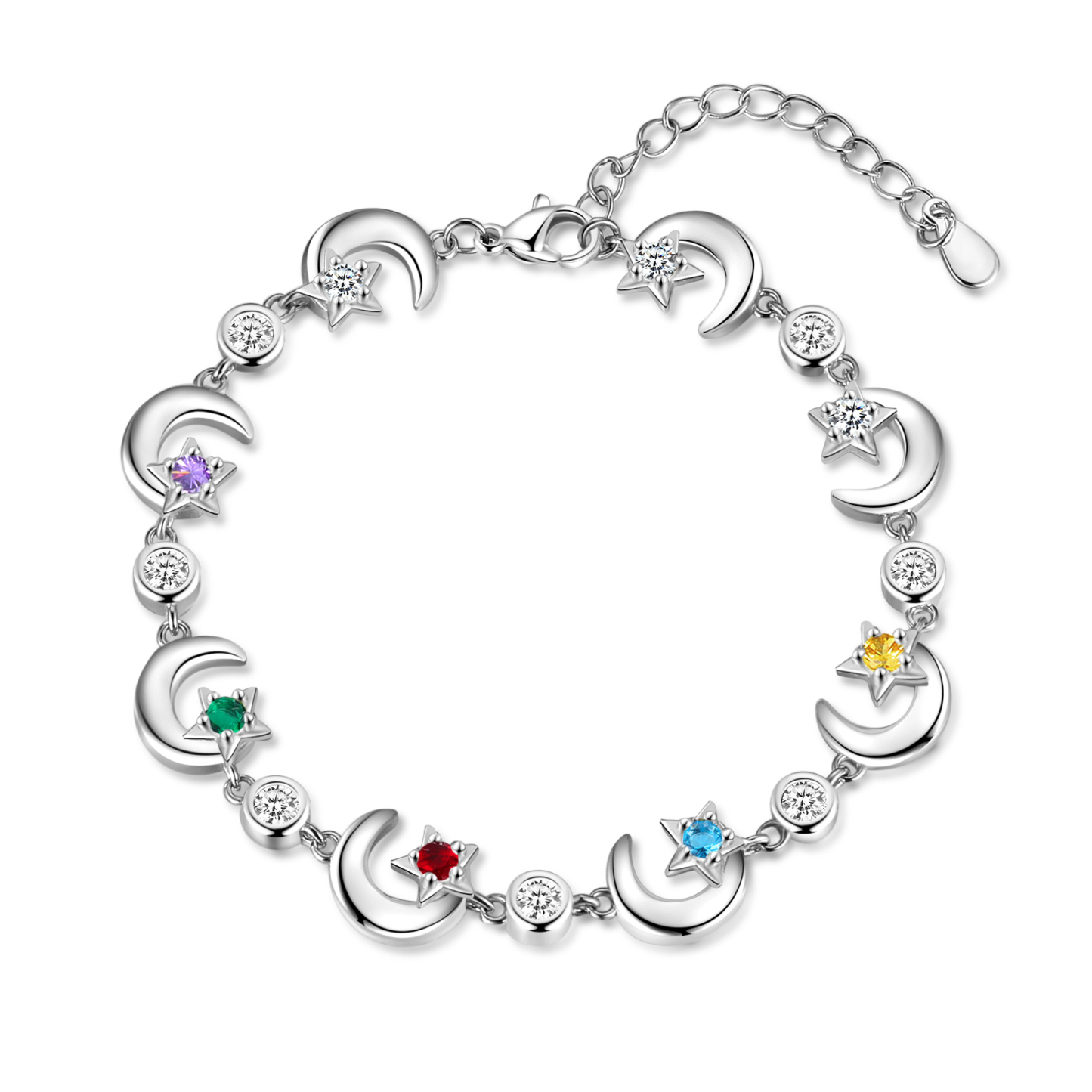 5 Names-Personalised Moons And Stars Bracelet With 5 Birthstones Custom Names Bracelet Gift For Women