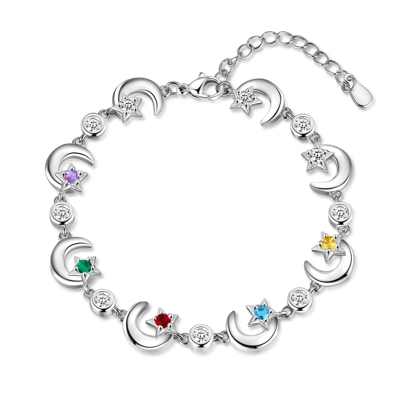 5 Names-Personalised Moons And Stars Bracelet With 5 Birthstones Custom Names Bracelet Gift For Women