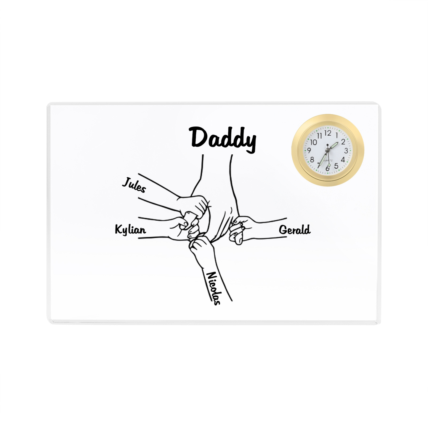 5 Names - Personalised Holding Hands Pattern Custom Name Acrylic Rectangular Clock Ornament Father's Day Gift