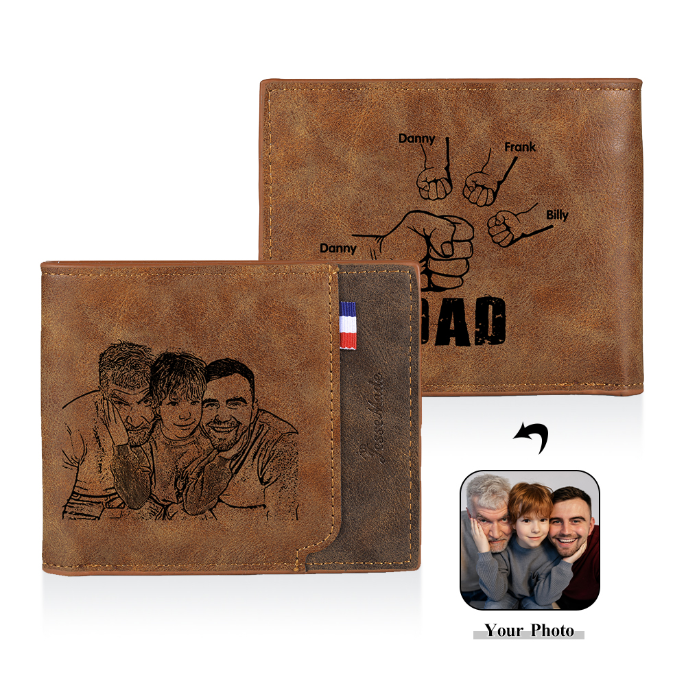 4 Names - Personalised Fist Bump Photo Custom Leather Men's  Wallet as a Father's Day Gift for Dad
