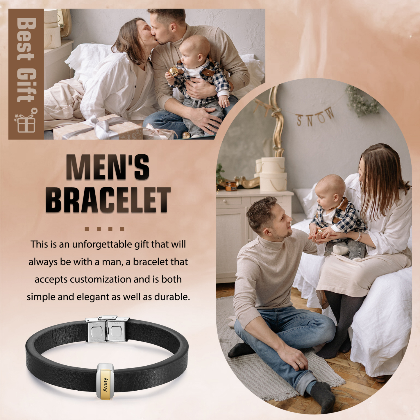 1 Name Personalised Stainless Steel Leather Bracelet Engraved Name Men's Bracelet Gift for Dad