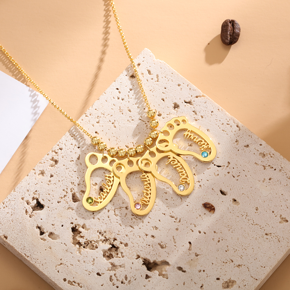 Personalised Baby Foot Necklace With 4 Birthstones Engraved Names Gift For Mother