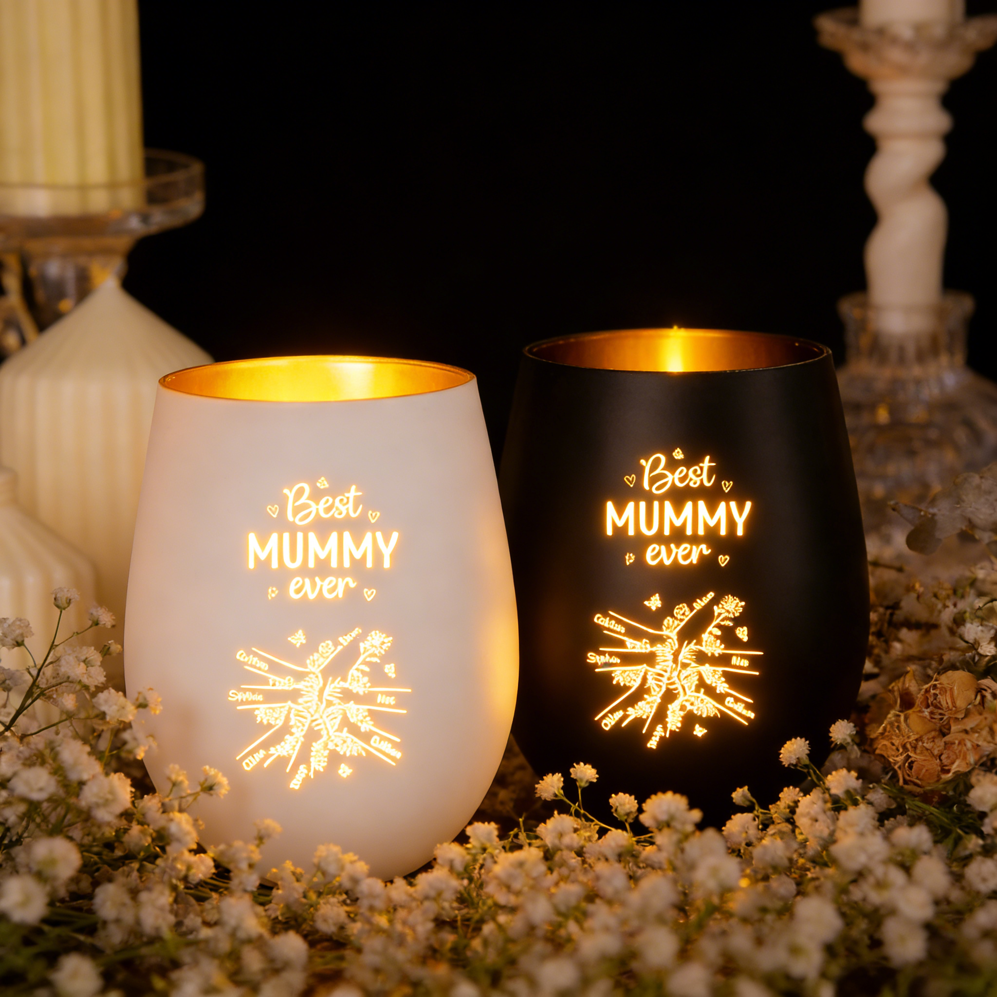 Personalised Glass Candle Holder “Best Mum/Nanny Ever” with 2–7 Children’s Names