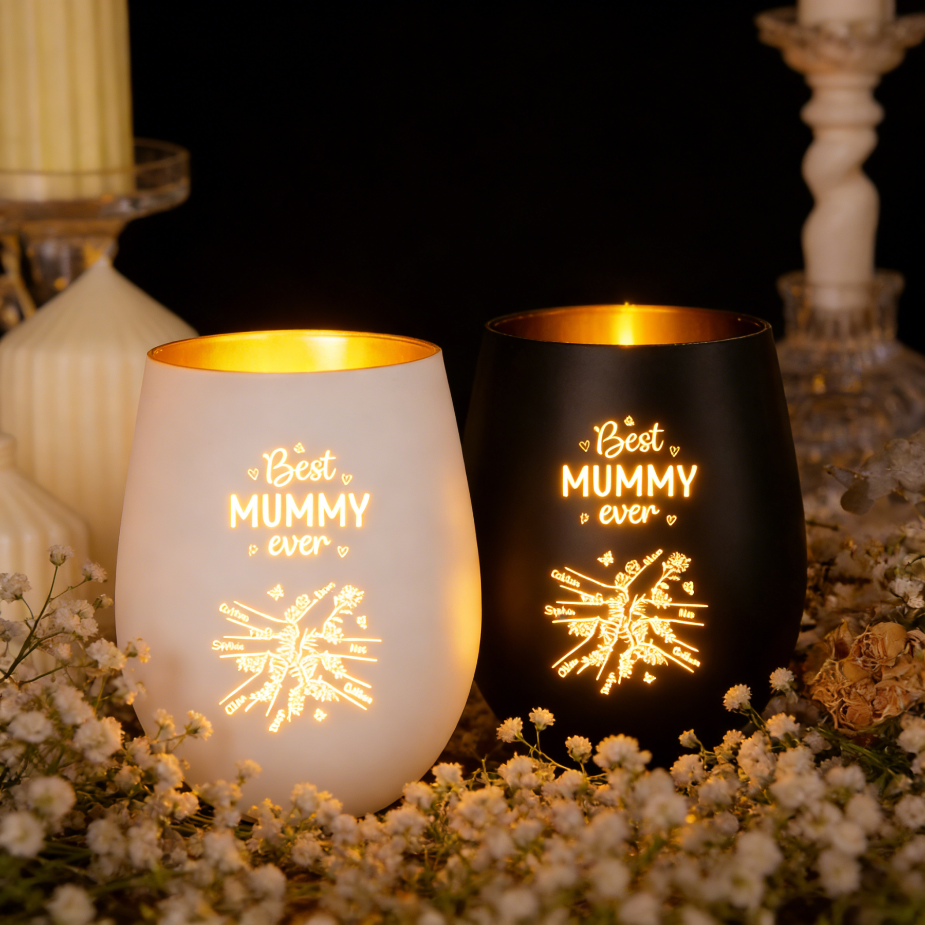 Personalised Glass Candle Holder “Best Mum/Nanny Ever” with 2–7 Children’s Names