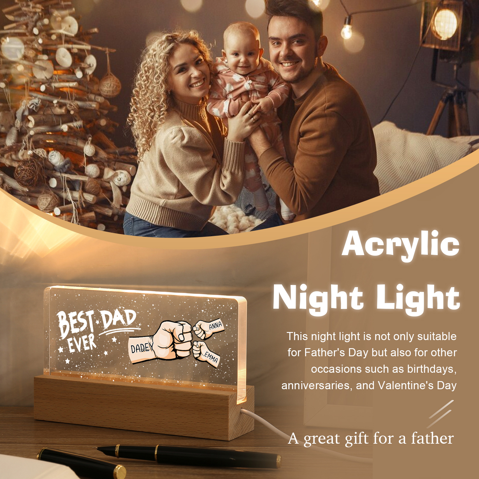 3 Names - Personalised Fist Bump Lamp - Best Dad Ever - Father's Day Gift for Dad