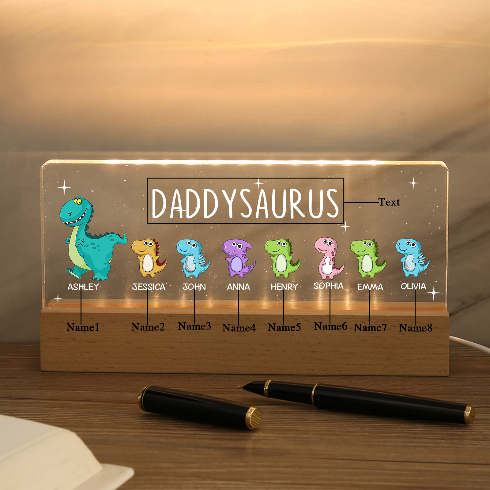 8 Names - Personalised Cute Dinosaur Pattern Beautiful Table Lamp Father's Day Gift for Dad