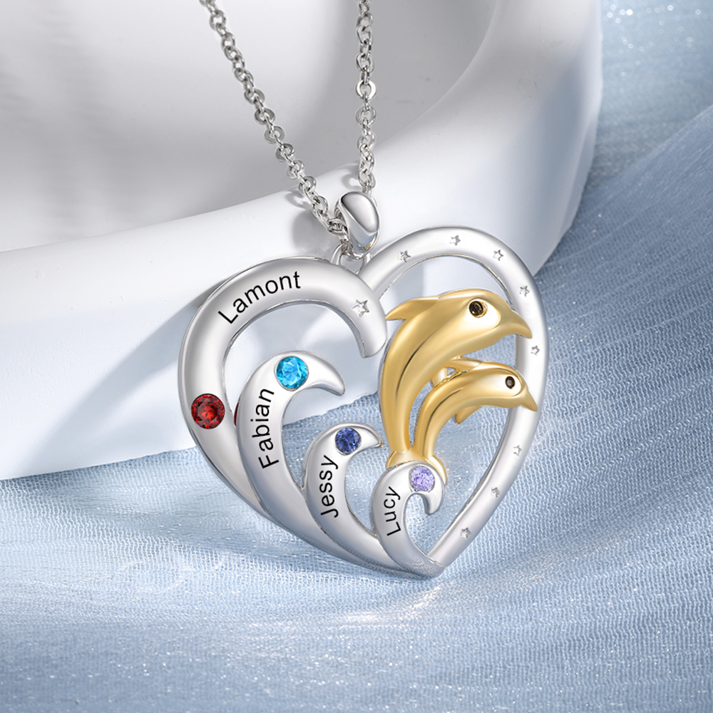 4 Names - Personalised Beautiful Dolphin Heart Necklace with Customized Name and Birthstone Gift for Her