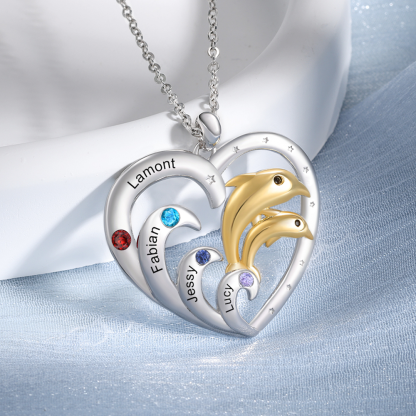 4 Names - Personalised Beautiful Dolphin Heart Necklace with Customized Name and Birthstone Gift for Her