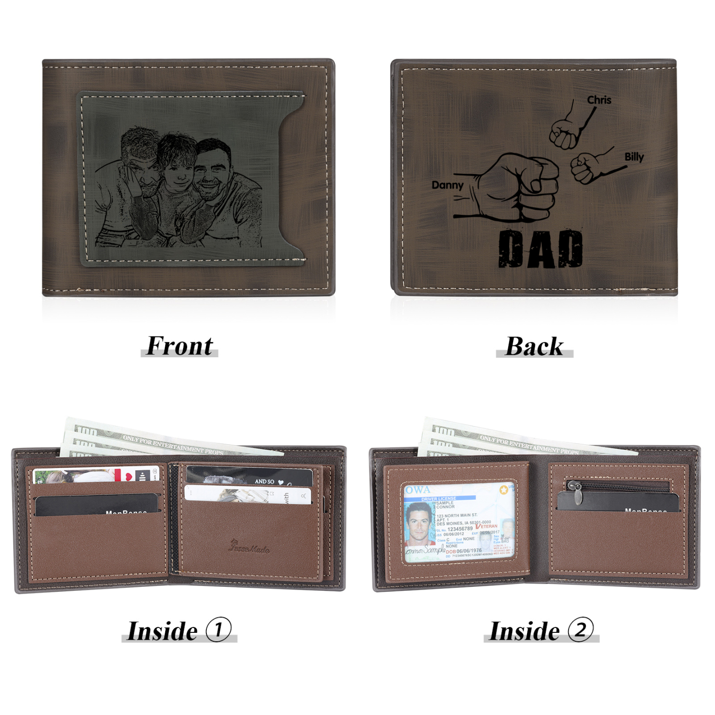 3 Names - Personalised Photo Custom Leather Men's Wallet as a Father's Day Gift for Dad