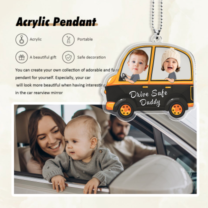 Acrylic Keyring/Decoration Personalised 2 Photos, Name And Text Child Driving Pattern Pendant For Dad