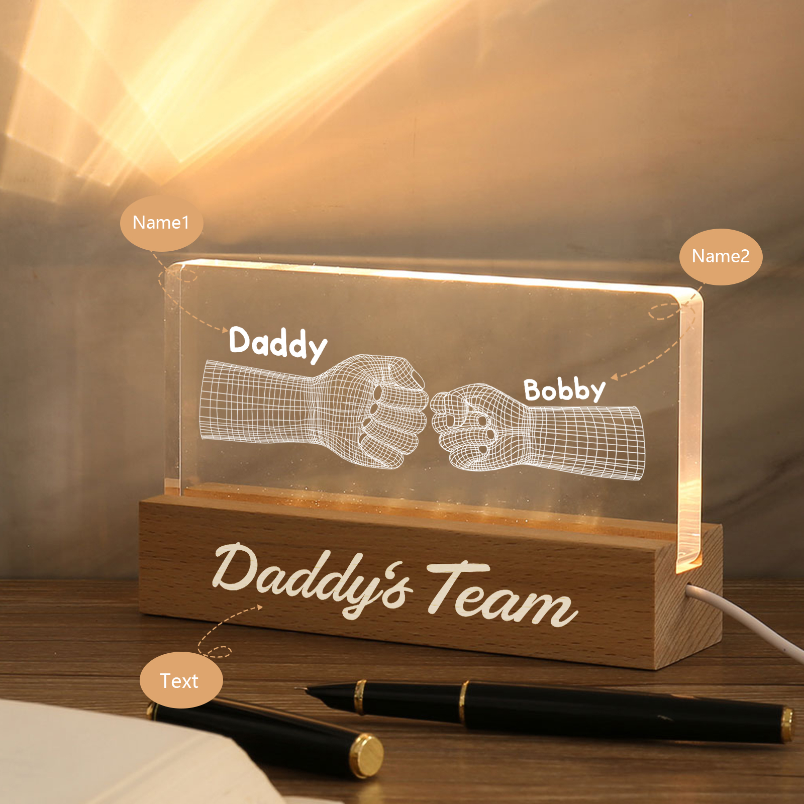 2 Names Personalised Fist Bump Pattern Night Light Custom Text LED Light Father's Day Gift for Dad