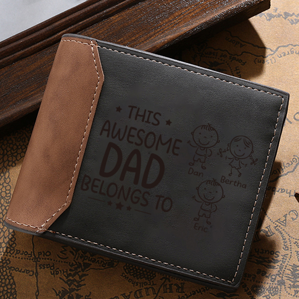 3 Names-Personalised Doll Customized Leather Men's Wallet Customized Name Folding Grey Wallet for Dad