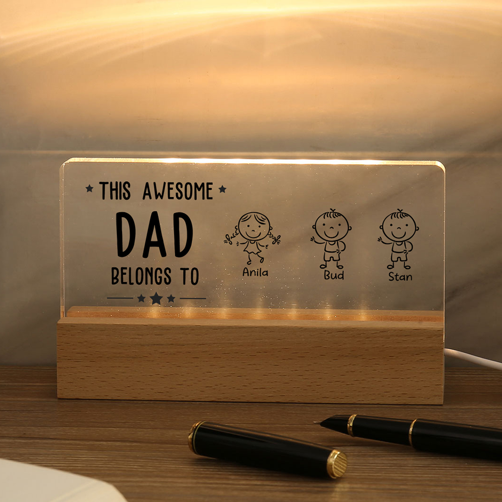 3 Names & Doll Gender - Personalised Lamp -This Awesome Dad  Belongs To - Father's Day Gift for Dad