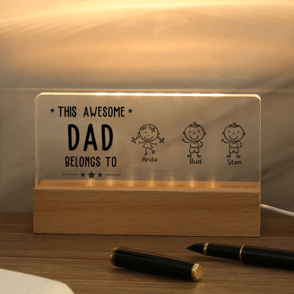 3 Names & Doll Gender - Personalised Lamp -This Awesome Dad  Belongs To - Father's Day Gift for Dad