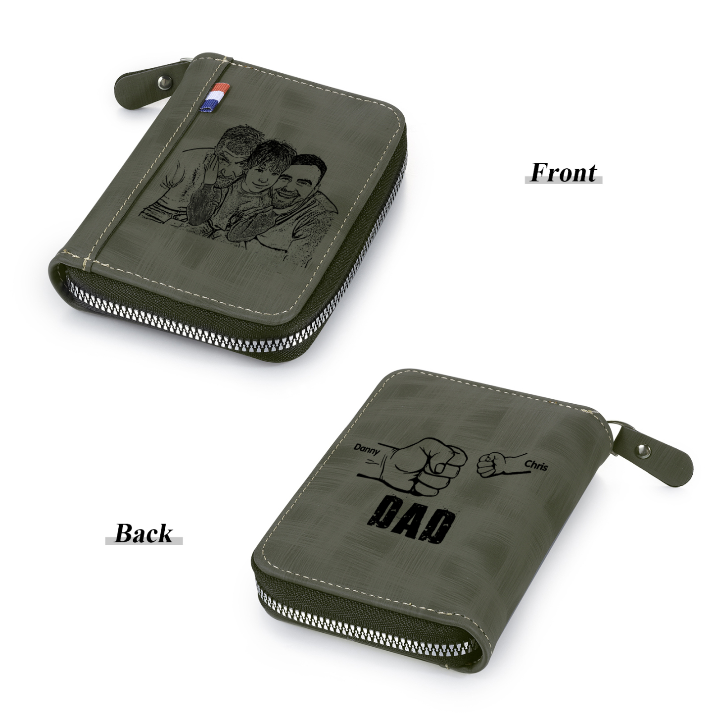 2 Names - Personalised Fist Bump Fist Bump Photo Custom Leather Men's Zipper Wallet as a Father's Day Gift for Dad