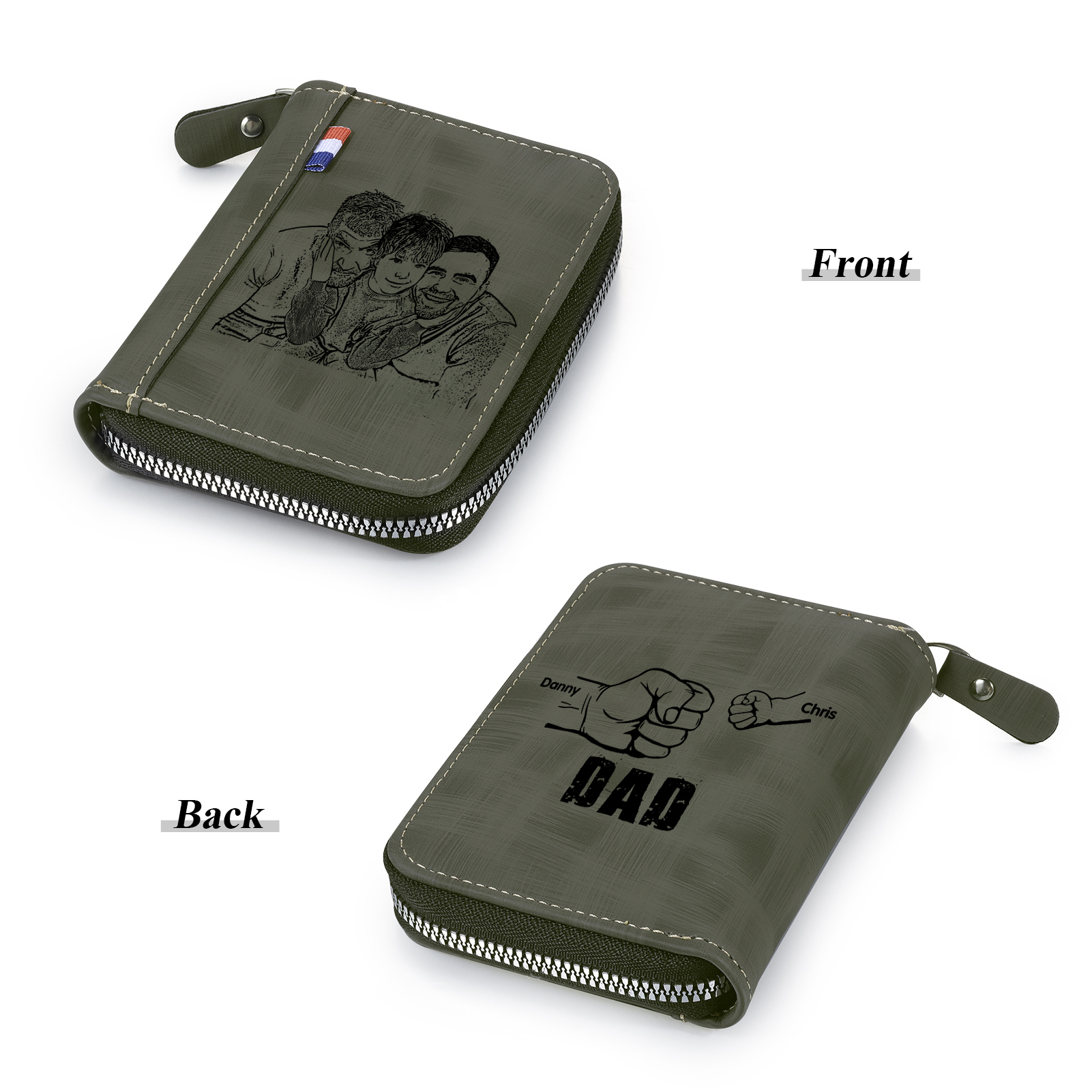 2 Names - Personalised Fist Bump Fist Bump Photo Custom Leather Men's Zipper Wallet as a Father's Day Gift for Dad