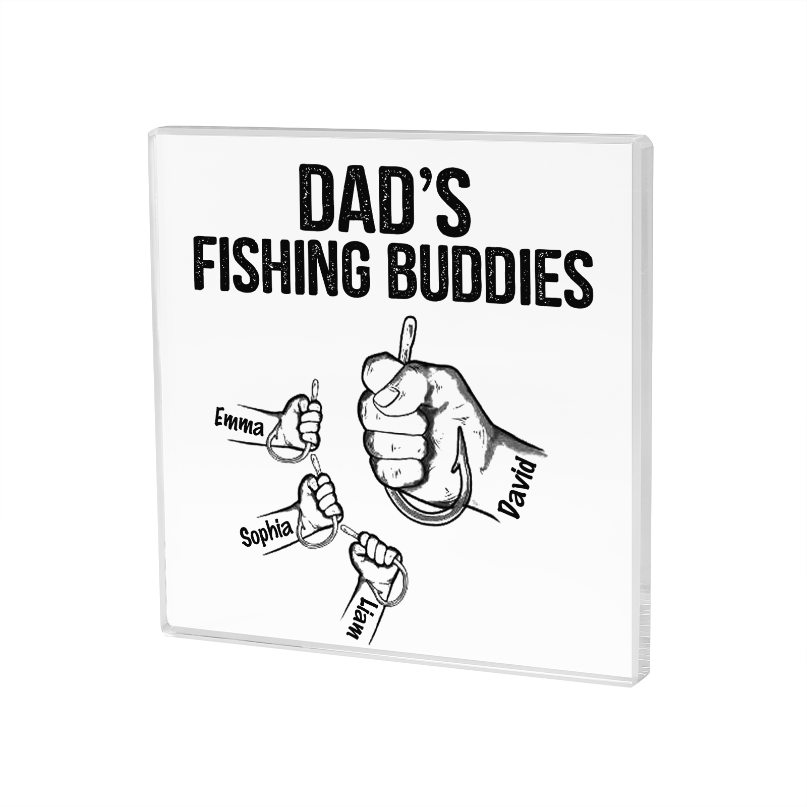 4 Names - Personalised Fishhook Fist Bump Pattern Family Acrylic Keepsake Customized Name Acrylic Home Decor Gift for Dad