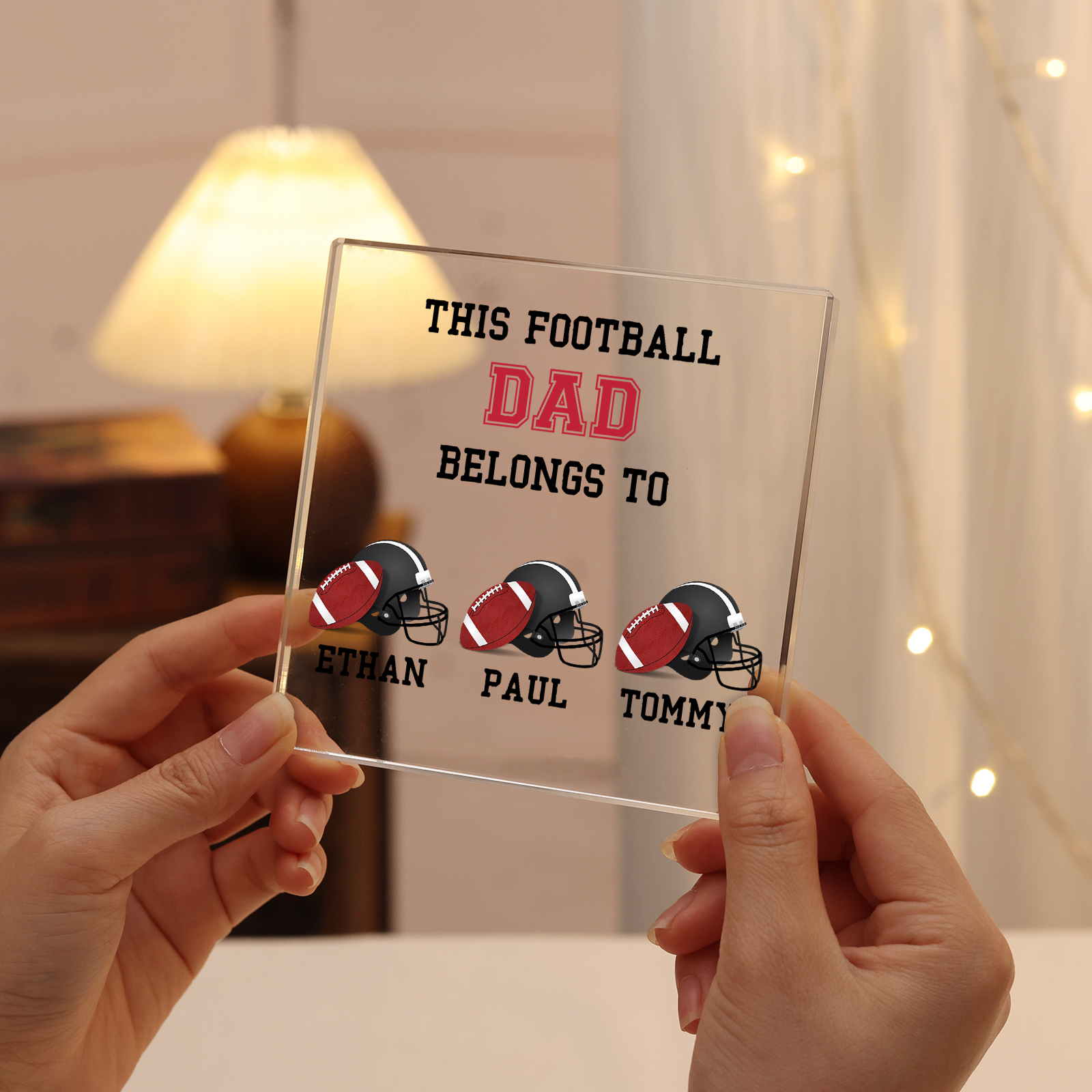 3 Names -Personalised Football Acrylic Keepsake Customized Name Acrylic Plaque Ornament Father's Day Gift for Dad