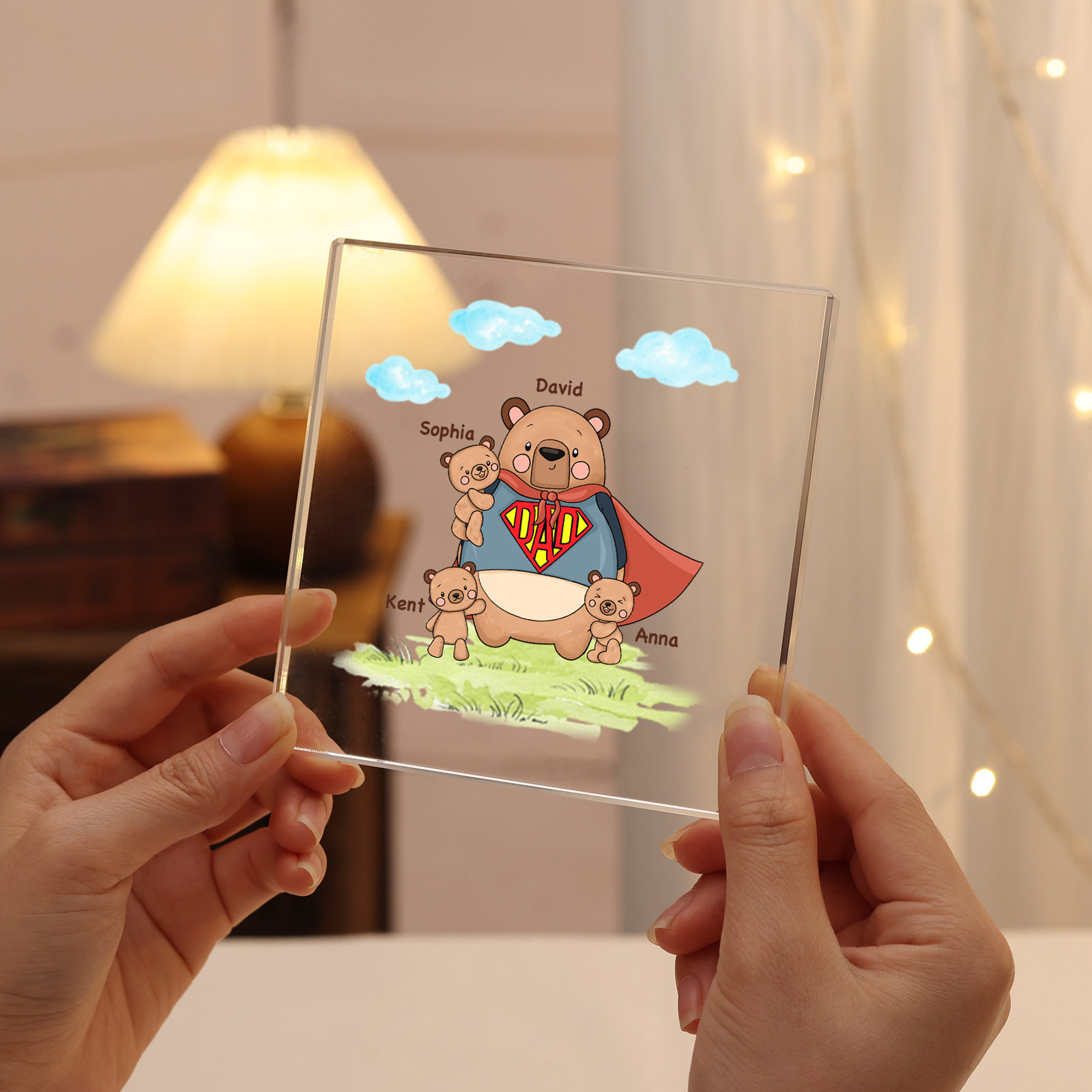 4 Names-Personalised Super Bear Family Acrylic Keepsake-Custom Text and Names-Acrylic Plaque Home Decoration Gift for Dad/Grandad