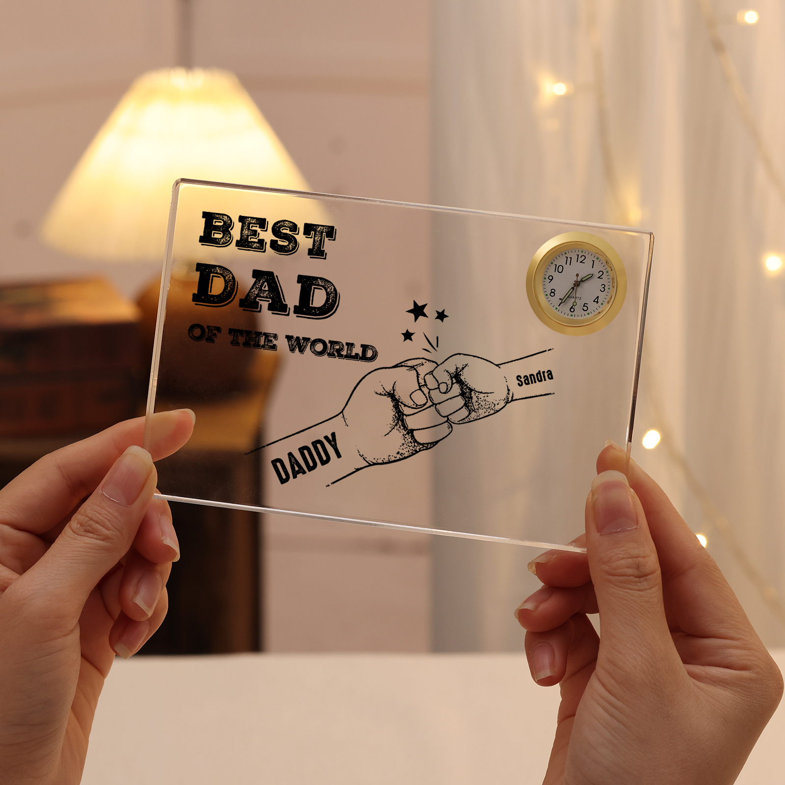 2 Names - Personalised Fist Bump Acrylic Rectangular Clock Ornament Father's Day Gift for Dad