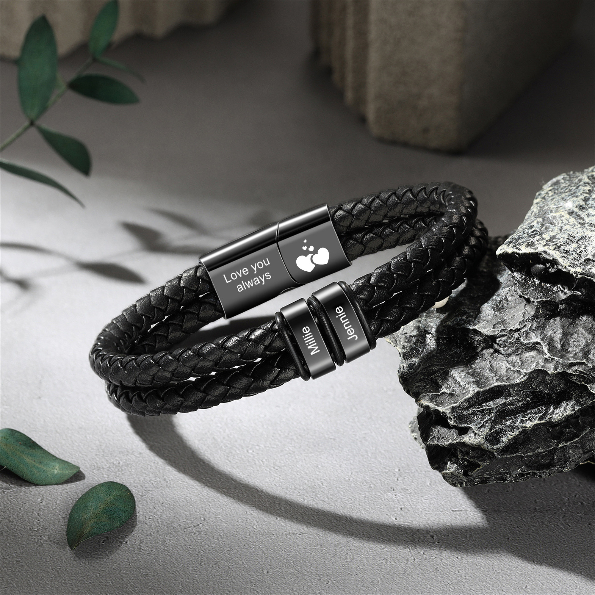 Personalised 2-6 Names Braided Leather Bracelet For Men Dad Grandad