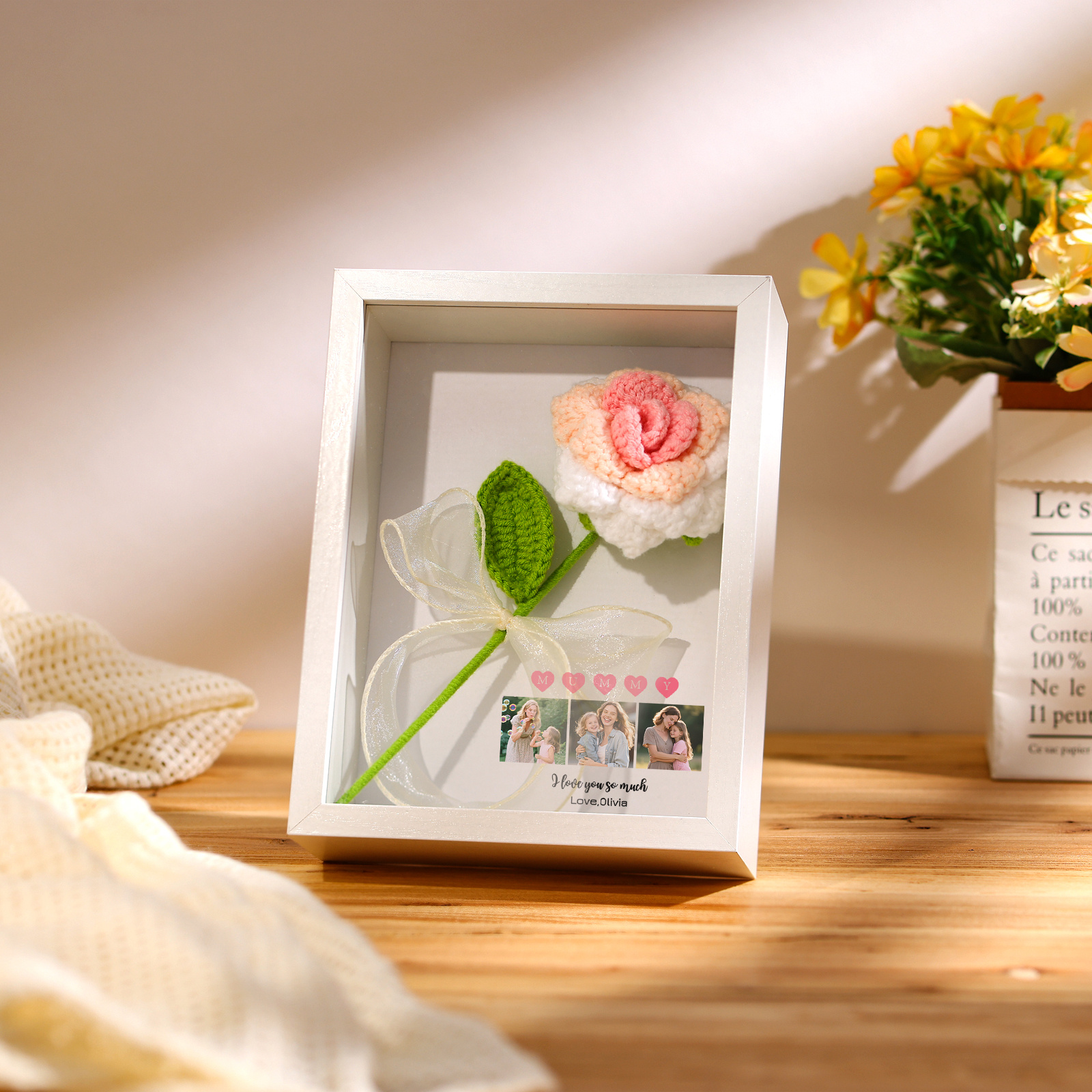 Personalised 3D Peony Crochet Flower Shadow Box Frame