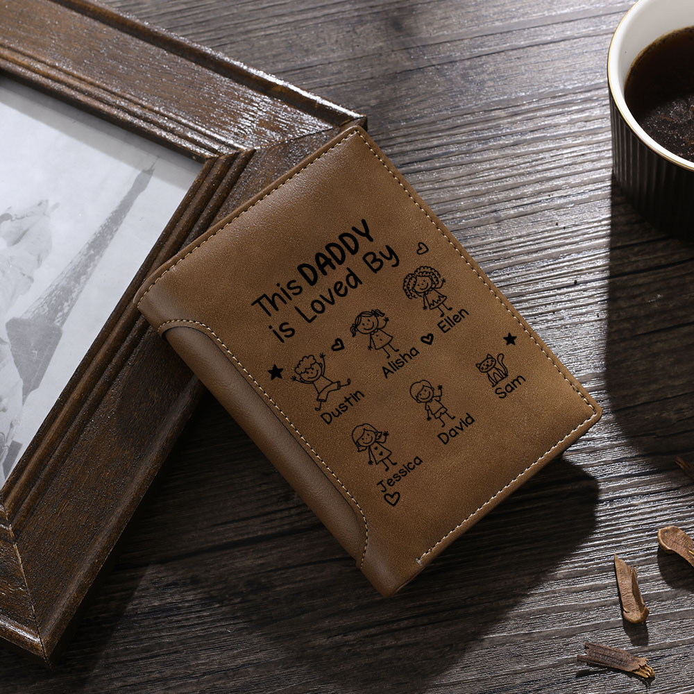 Personalised Triple-Fold Leather Wallet with 1 to 6 Children’s Names, Gift for Dad or Grandad