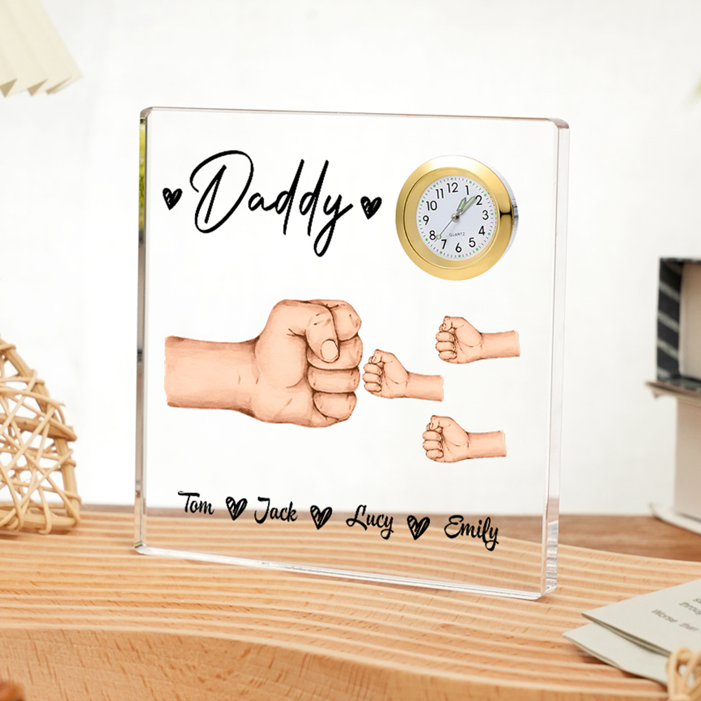 4 Names - Personalised Fist Bump Style Acrylic Clock Ornament Customized Name and Text Acrylic Father's Day Gift for Dad