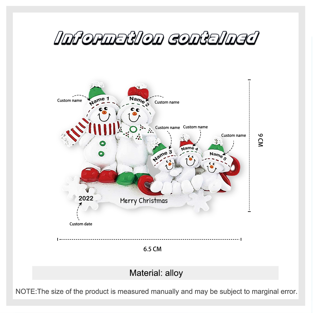 Snowmen Christmas Ornament Custom 5 Names Hanging Ornament Gifts For Family