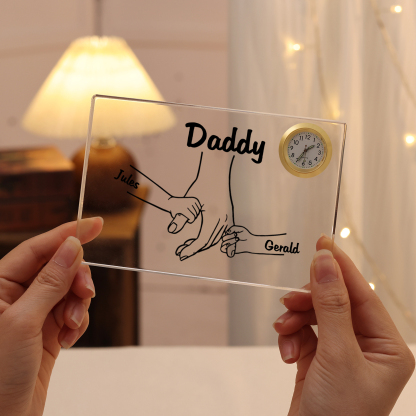 3 Names - Personalised Holding Hands Pattern Custom Name Acrylic Rectangular Clock Ornament Father's Day Gift