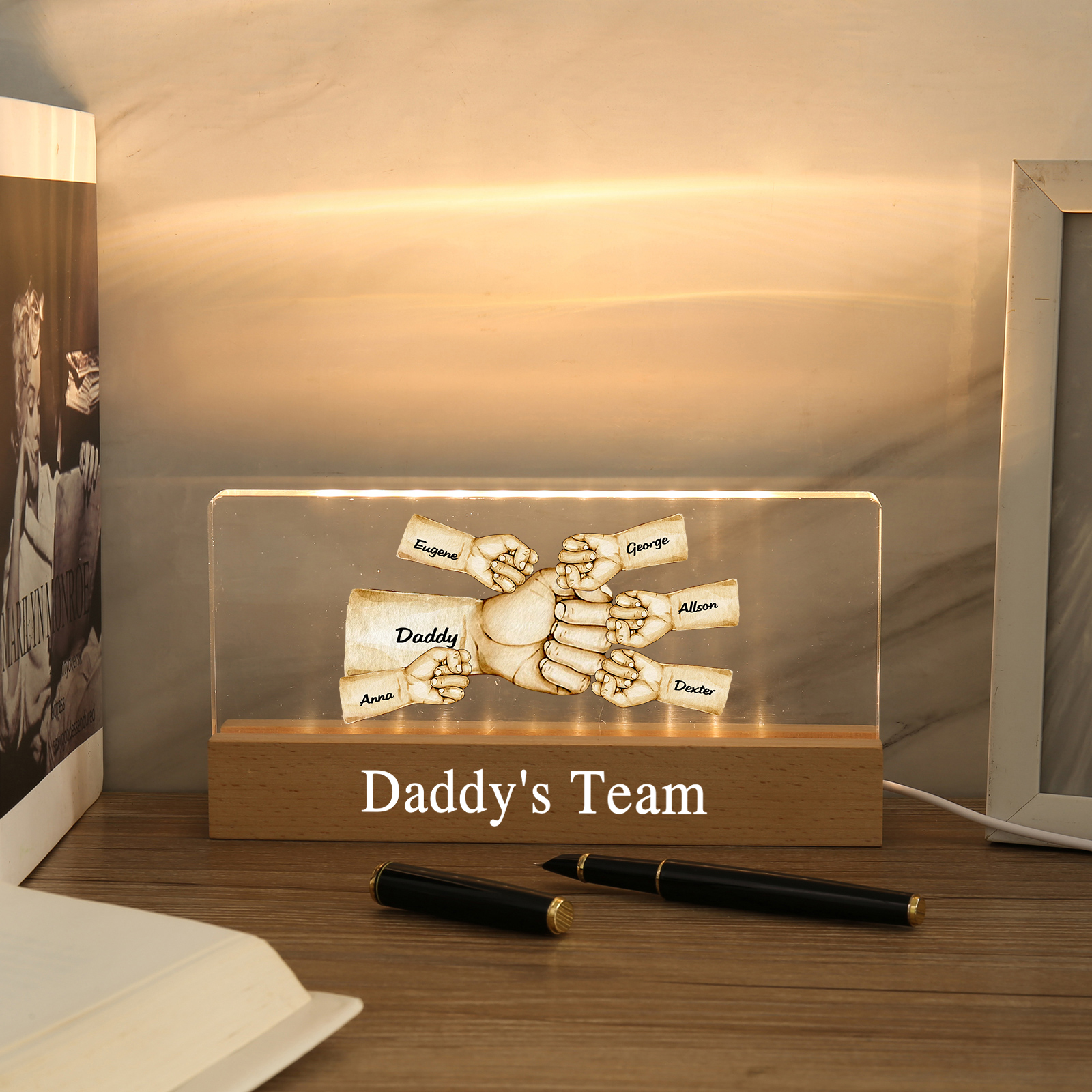 6 Names - Personalised Fist Bump Pattern Table Lamp Customized Text Father's Day Gift for Dad
