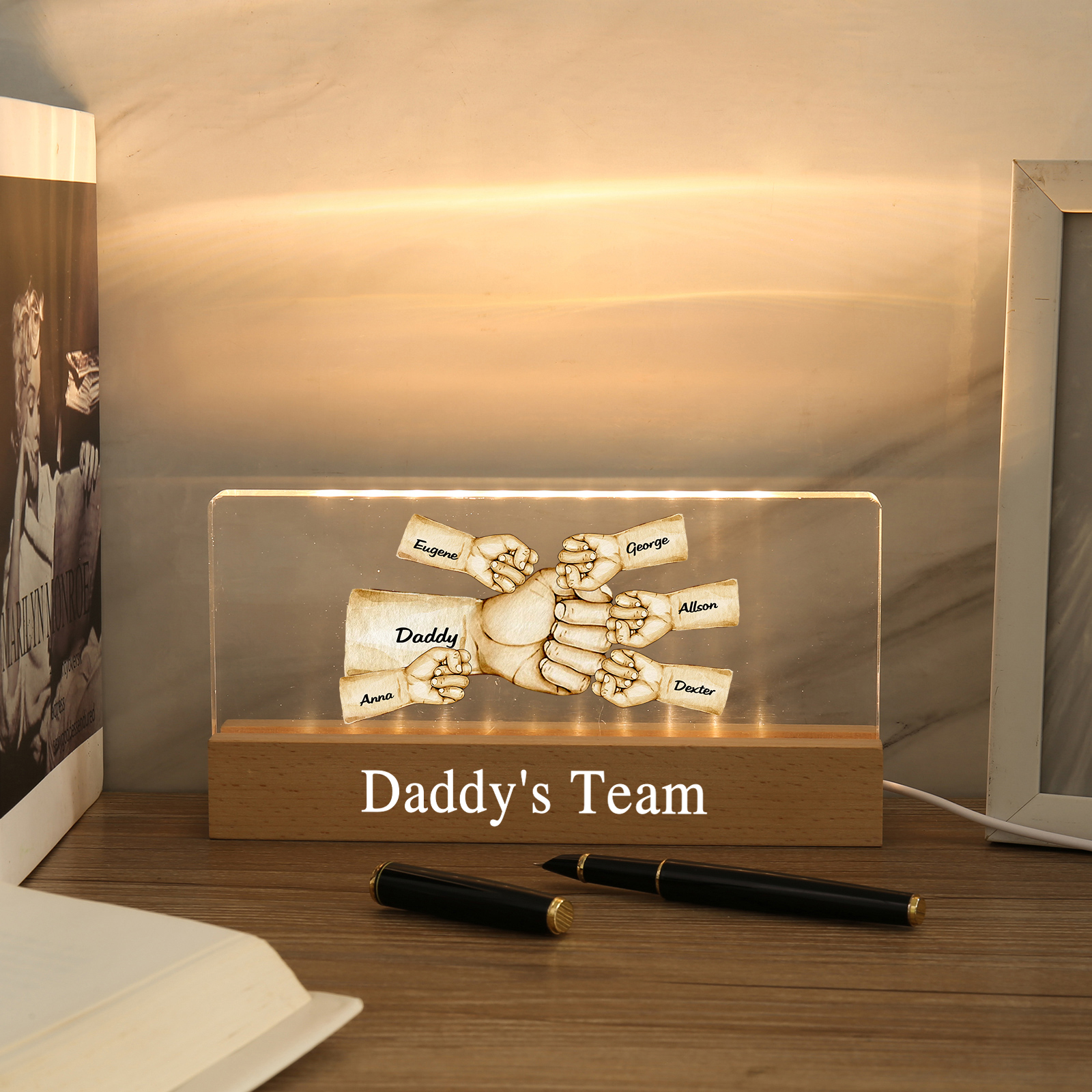 6 Names - Personalised Fist Bump Pattern Table Lamp Customized Text Father's Day Gift for Dad