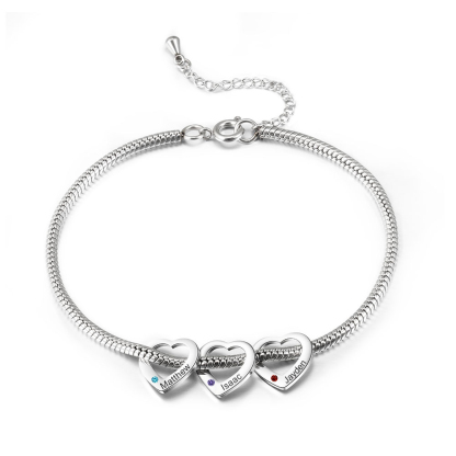 Custom Anklet Engraved 3 Names and Birthstones Heart Shaped Charm Personalised Bracelet for Women