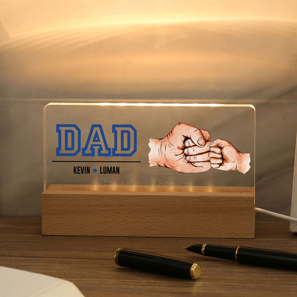 2 Names - Personalised Fist Bump Table Lamp - Dad's Dream Team - Father's Day Gift for Dad