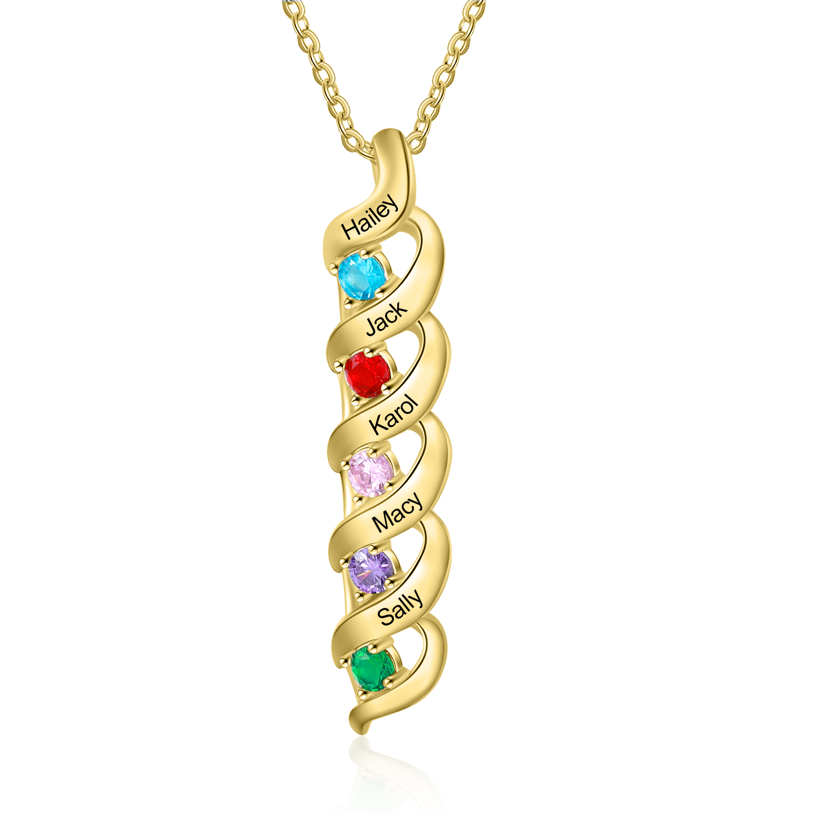 5 Names-Personalised Necklace Cascading Pendant with 5 Birthstones Engraving 5 Names Gifts for Her