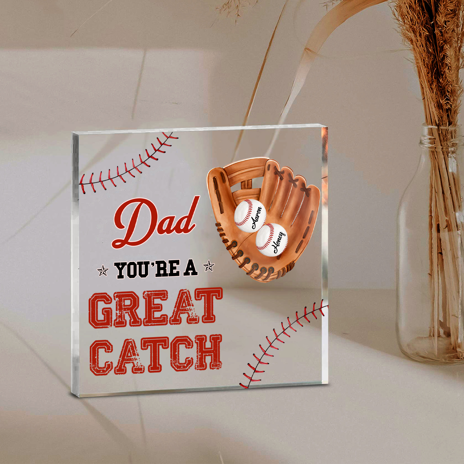 2 Names - Personalised Baseball Acrylic Keepsake Customized Name and Text Acrylic Plaque Ornament Father's Day Gift for Dad