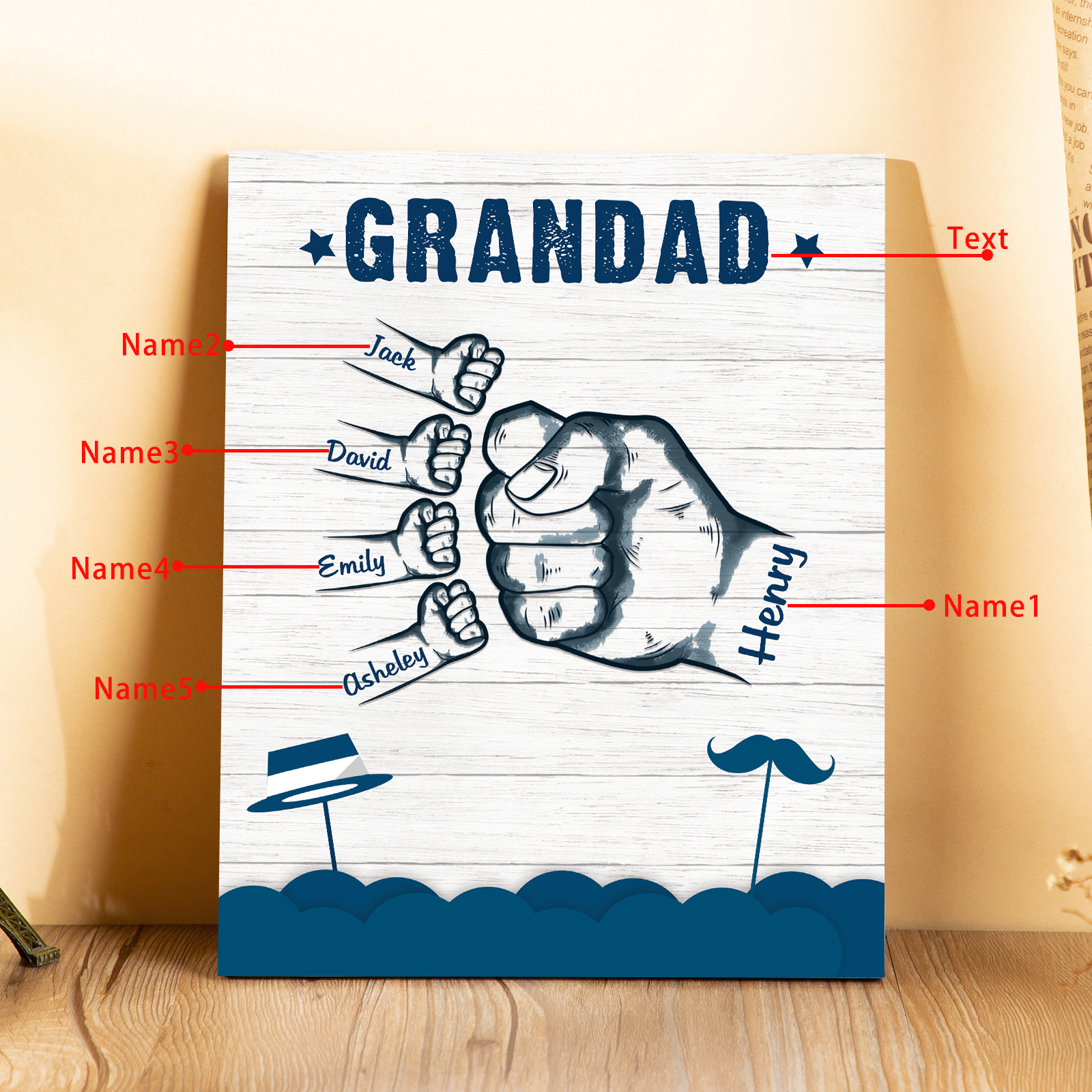 5 Names - Personalised Wooden Ornament Fist Bump Style Engraved Name and Text Ornament for Dad