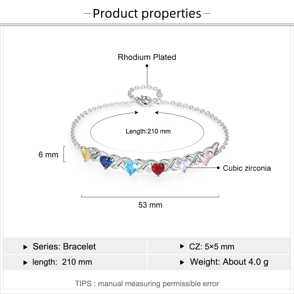 Personalised Bracelet With 6 Heart Birthstones Engraved Names Bracelet Gift For Women