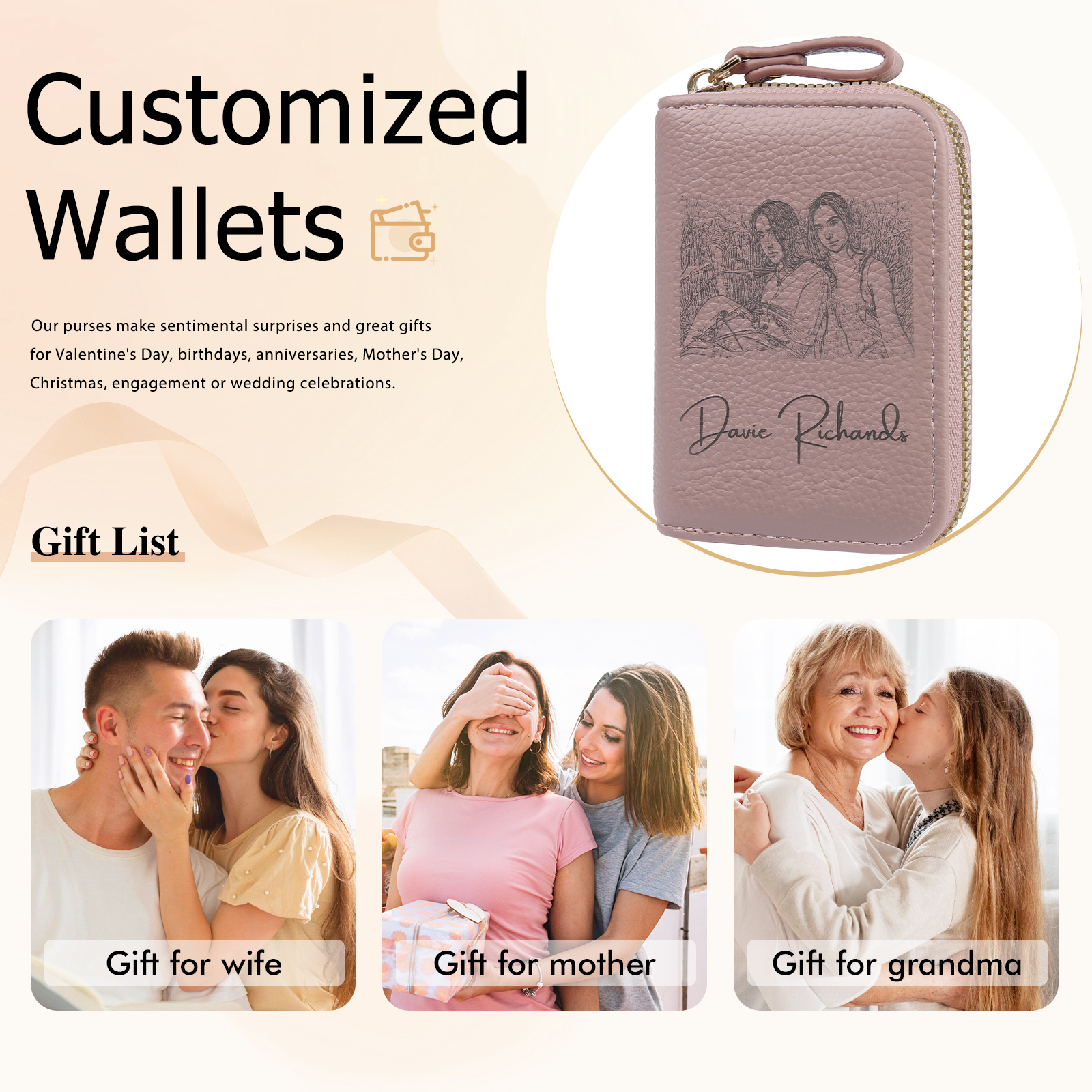 Custom Purse-Personalised Photo Quality Leather Zipper Wallet Custom Text Wallet Gift for Her