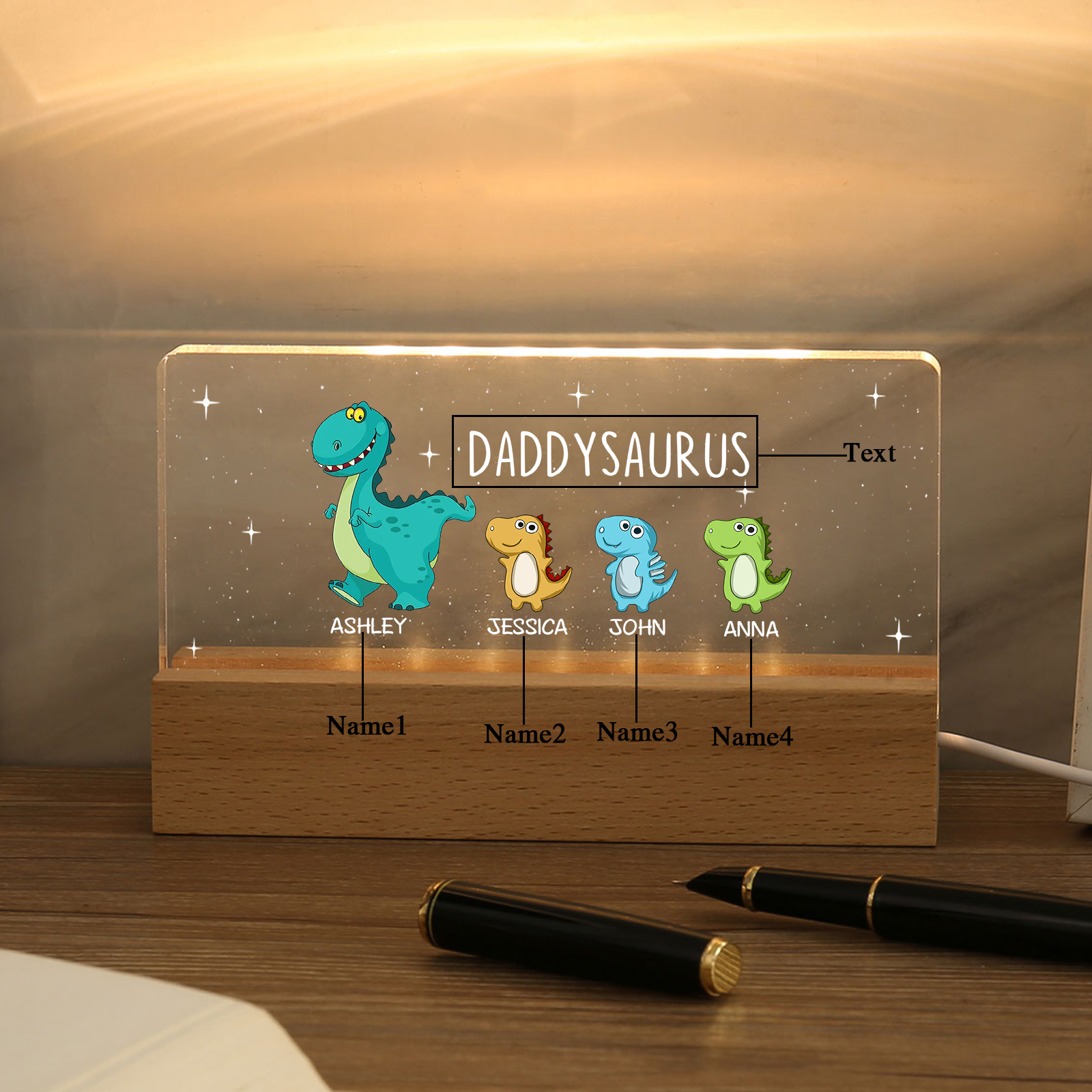 4 Names - Personalised Cute Dinosaur Pattern Beautiful Table Lamp Father's Day Gift for Dad